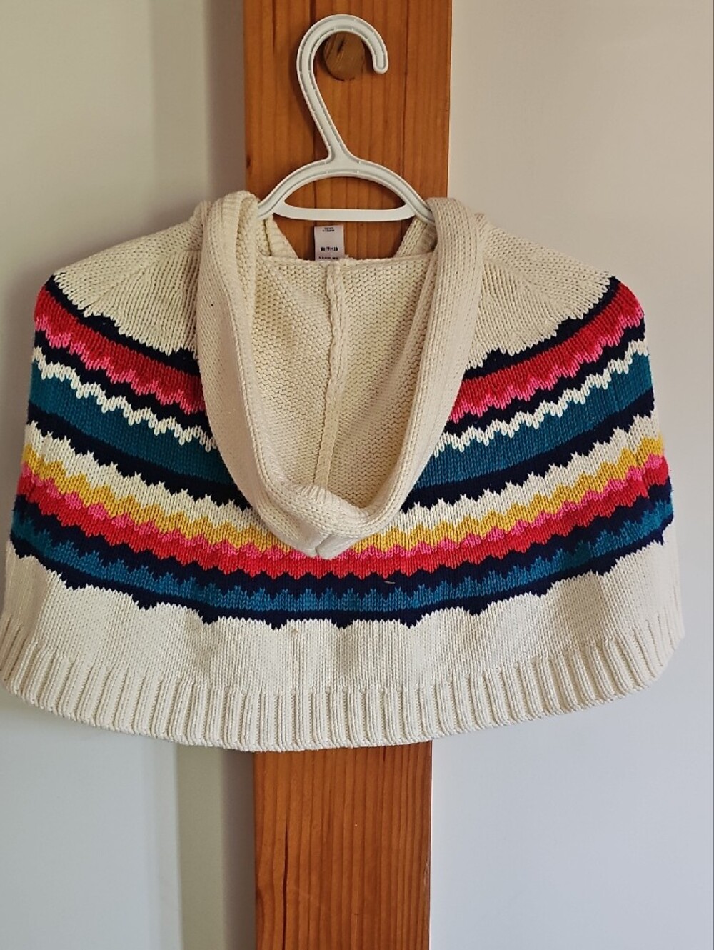 Cream Hooded Knit Cape with Multicolor Fair Isle Stripes - Picture 6 of 7